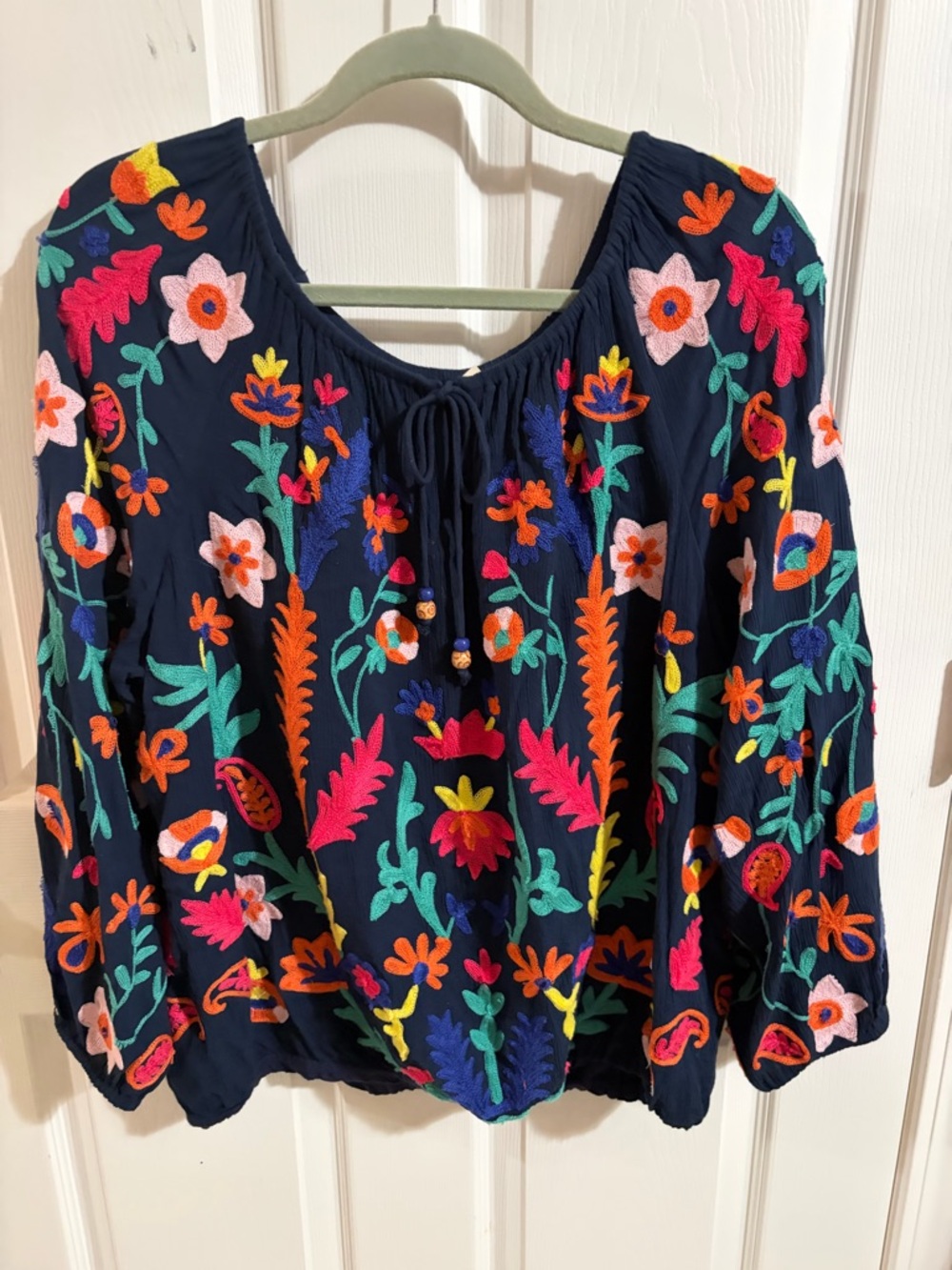 Soft Surroundings Navy Embroidered Floral Peasant Blouse